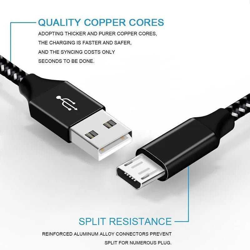 Braided Micro USB fast charging cable for Android phones in multiple colour options