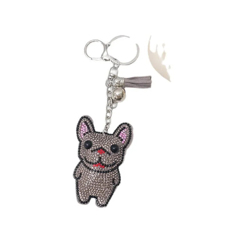 French dog rhinestone keychain with cartoon bear design in electroplated alloy