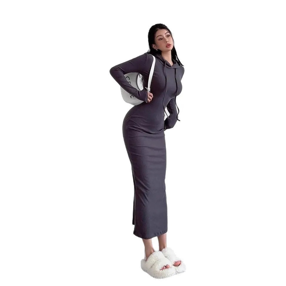 Women's grey hooded long sleeve sheath dress with high waist and knee-length cut
