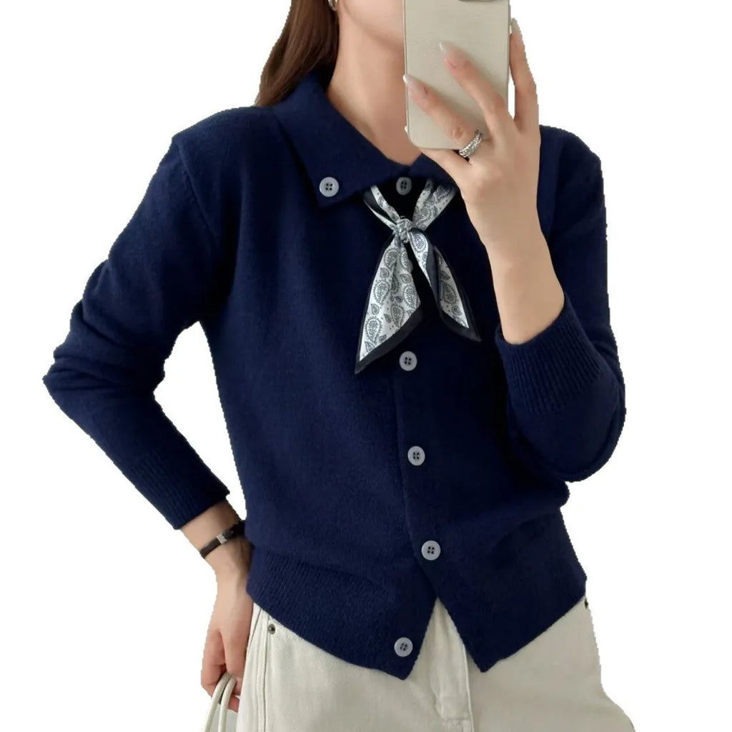Women's lapel scarf cardigan sweater in acrylic fibre with splicing detail, free size