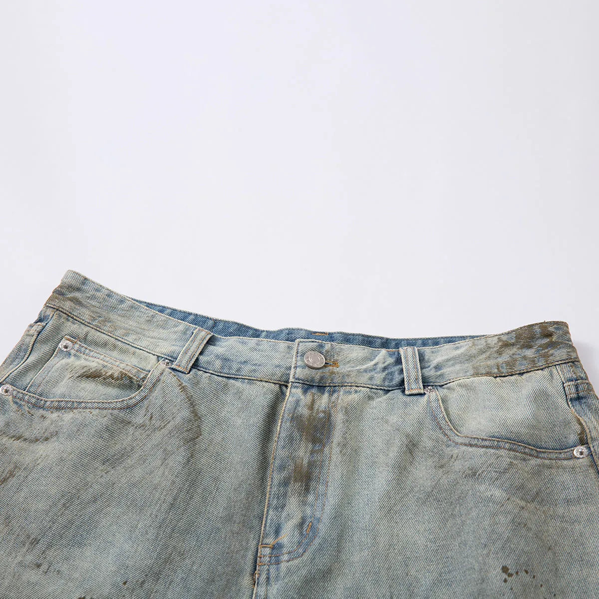 Men's washed blue cropped denim jeans with a straight leg and zipper fly, laid flat.