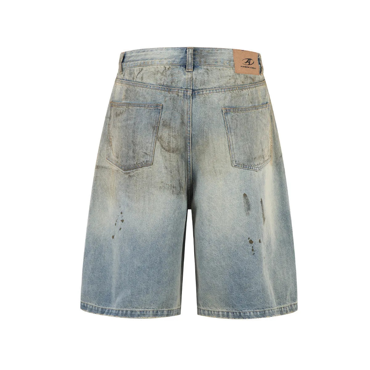 Men's washed blue cropped denim jeans with a straight leg and zipper fly, laid flat.