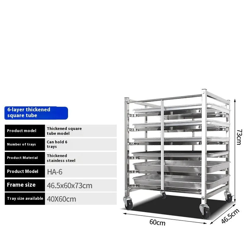 Stainless steel six-layer baking tray rack with lock for 40x60cm commercial trays.