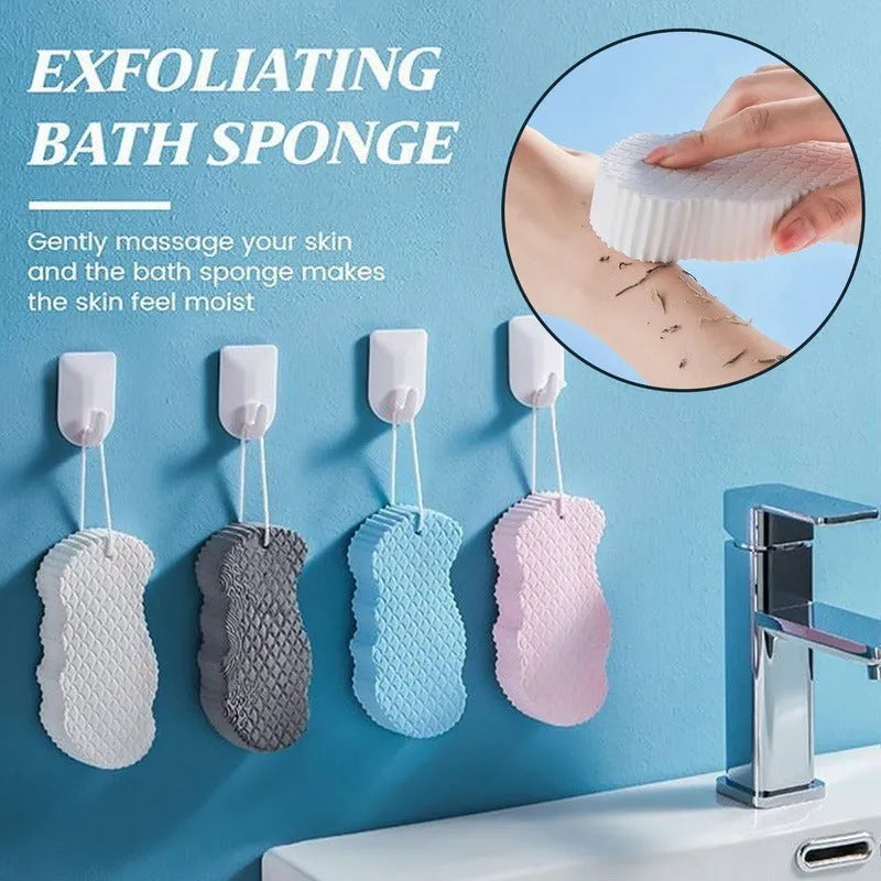 3D fish scale pattern bath sponge ball in assorted colours on a bathroom background.