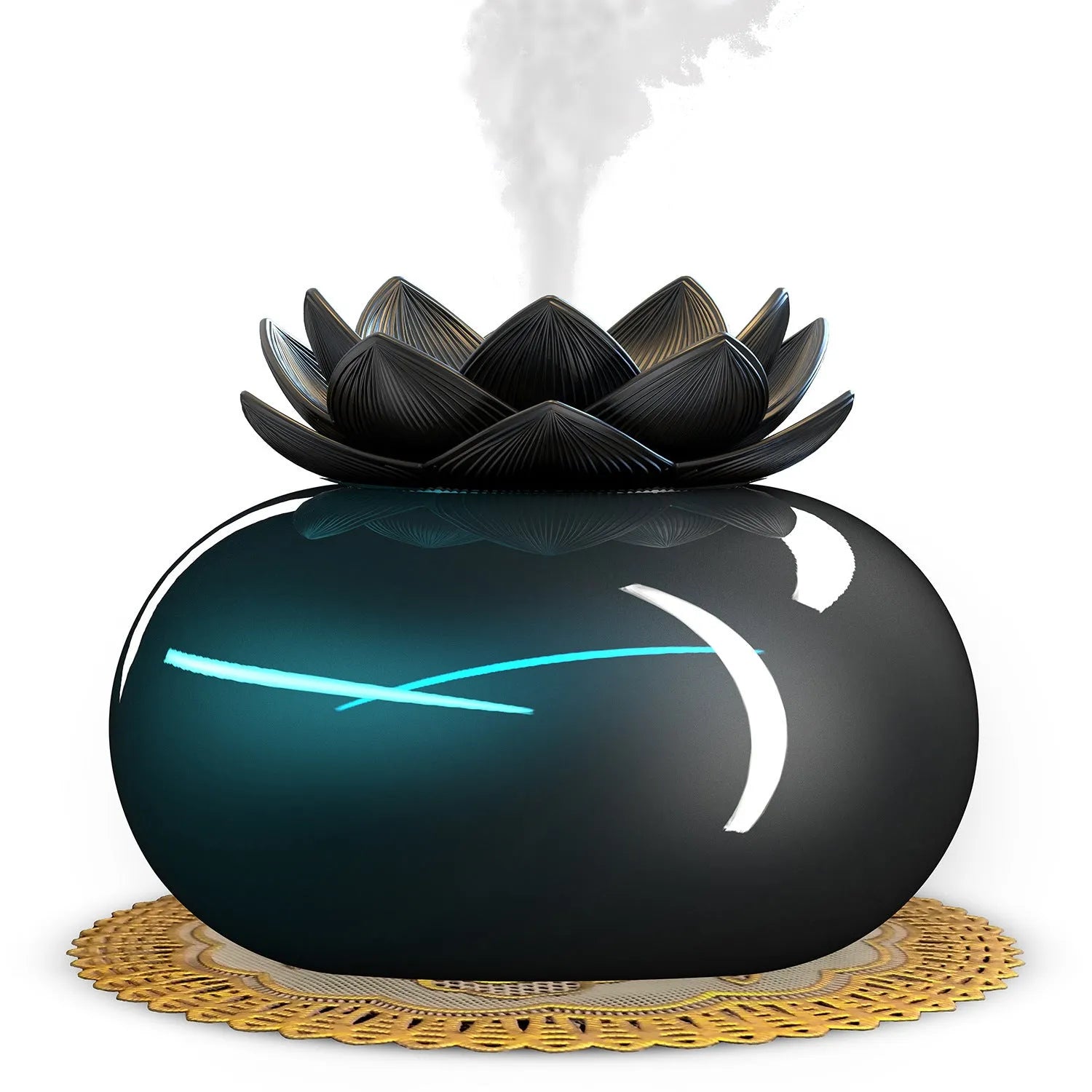 Pure black round lotus aromatherapy humidifier with USB cable and ceramic accents