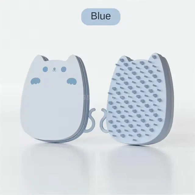 Soft silicone pet grooming comb in blue with dual-texture bristles for cats and dogs