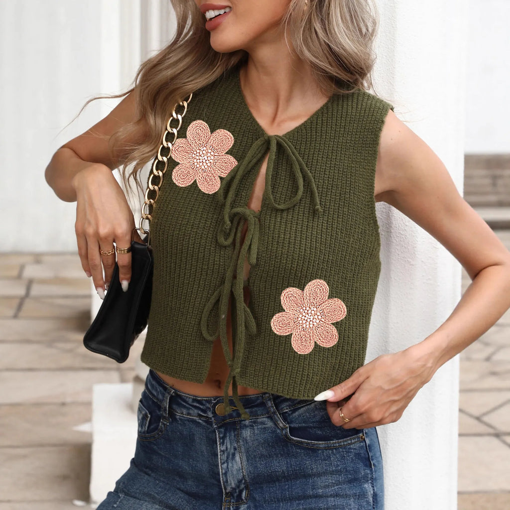 Ladies sleeveless cardigan vest with lace-up bow detail and floral embroidery