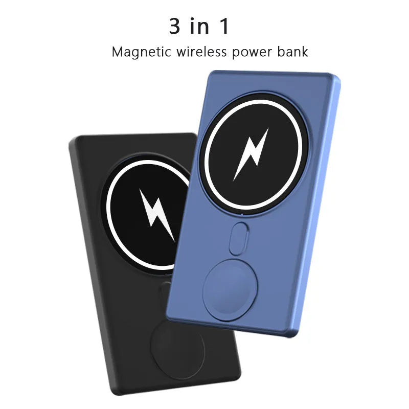 Three-in-one magnetic wireless charging power bank 5000mAh ultra-thin black