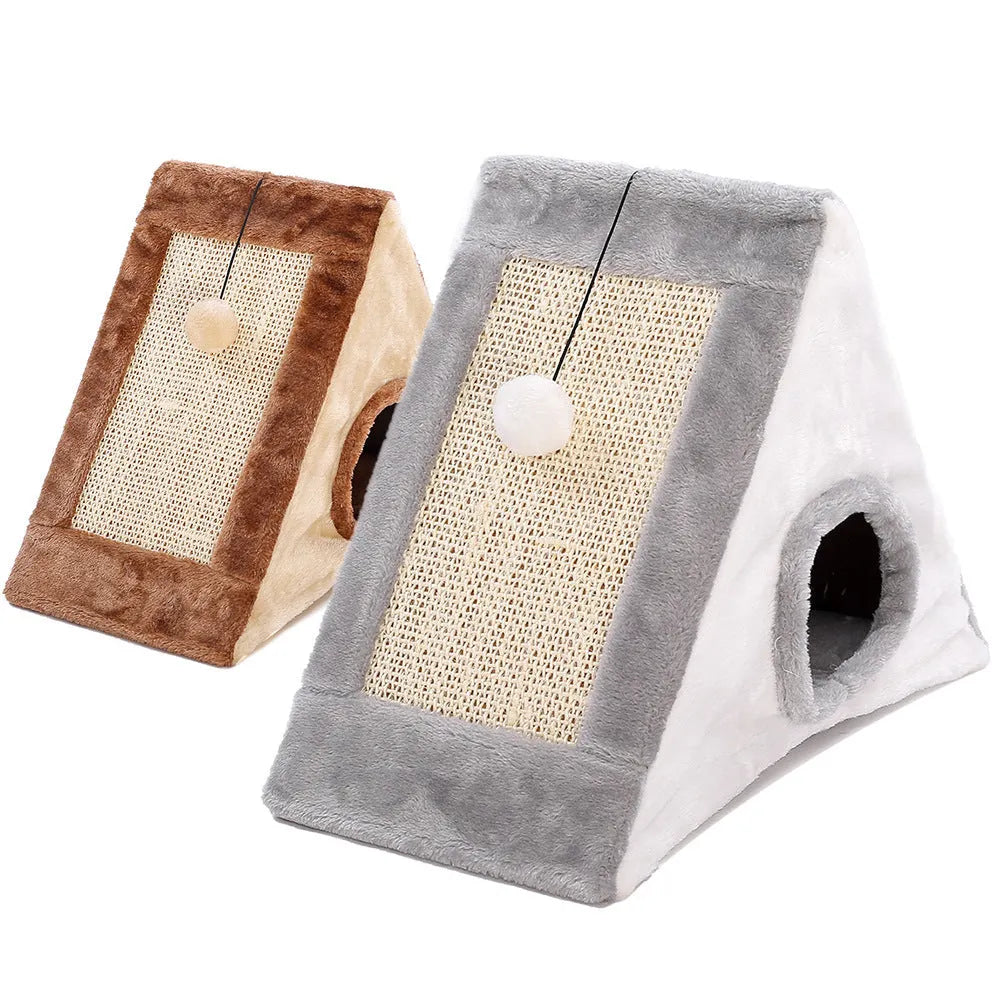 Grey and white triangular cat scratching post and bed with sisal fabric sides and a soft plush platform.