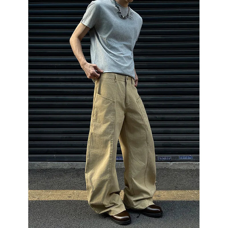 Men's khaki straight leg cotton trousers laid flat, showcasing the casual American retro style.