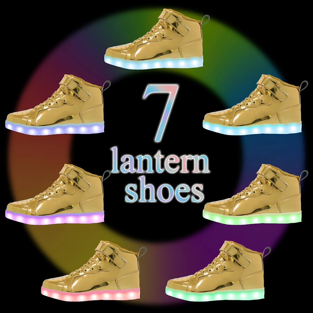 Pair of black high-top shoes with velcro strap and glowing LED lights on the soles.