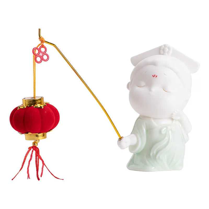 Cute ceramic female court attendant incense burner decoration in red and green styles