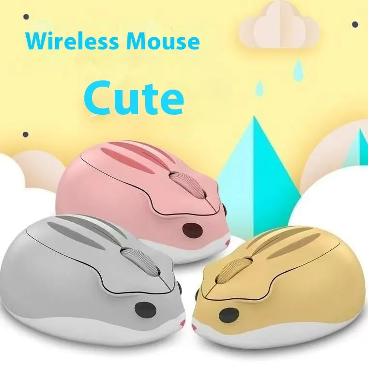 Hamster Wireless Mute Mouse in grey, pink, or yellow colour showing compact design next to USB receiver.
