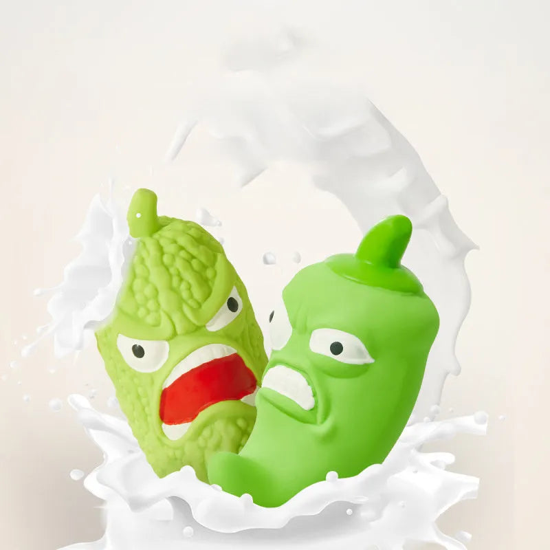Bitter melon or chili shaped dog chew toy with textured surface for teeth cleaning and pet sound.