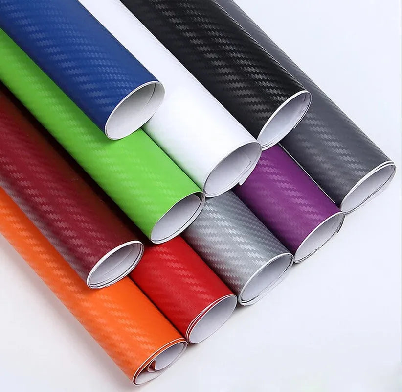 3D carbon fibre sticker roll for car decoration in eight colour options showing textured material