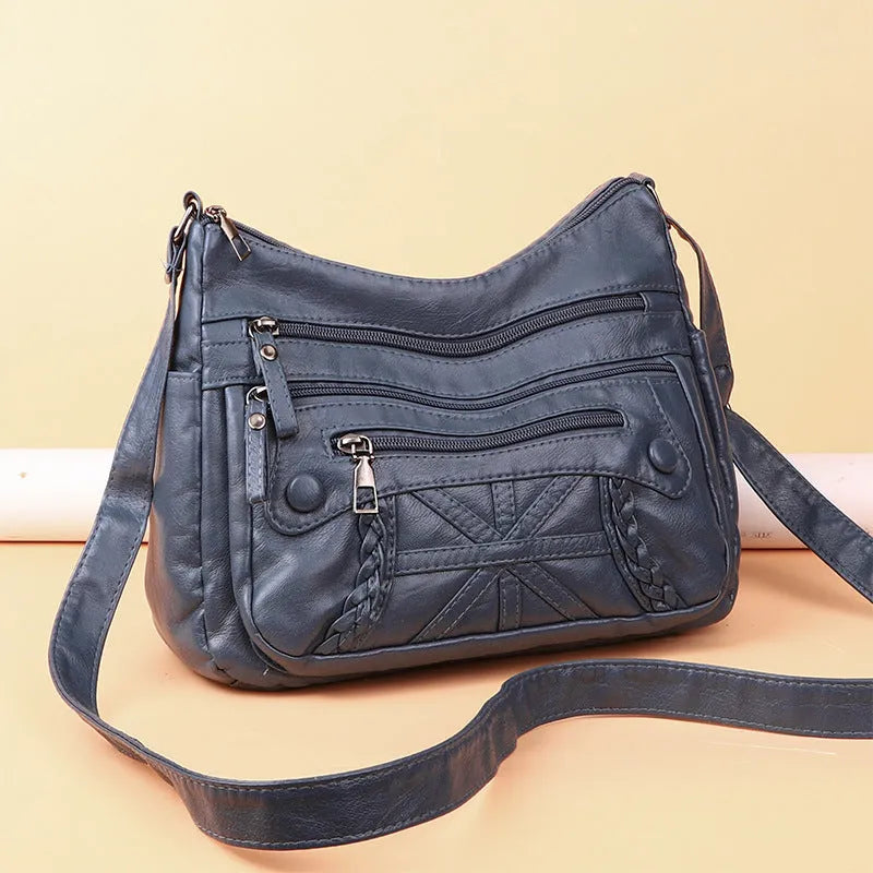 Soft PU casual messenger bag with multi-layer pockets, available in five colours