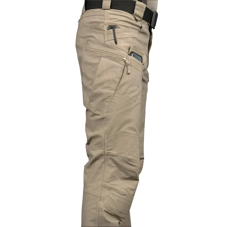 Men's solid colour training pants in khaki, made from chemical fibre blending fabric, designed for hiking and camping