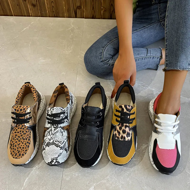 Women's casual suede sneakers with wedge heel in leopard print and black colour options