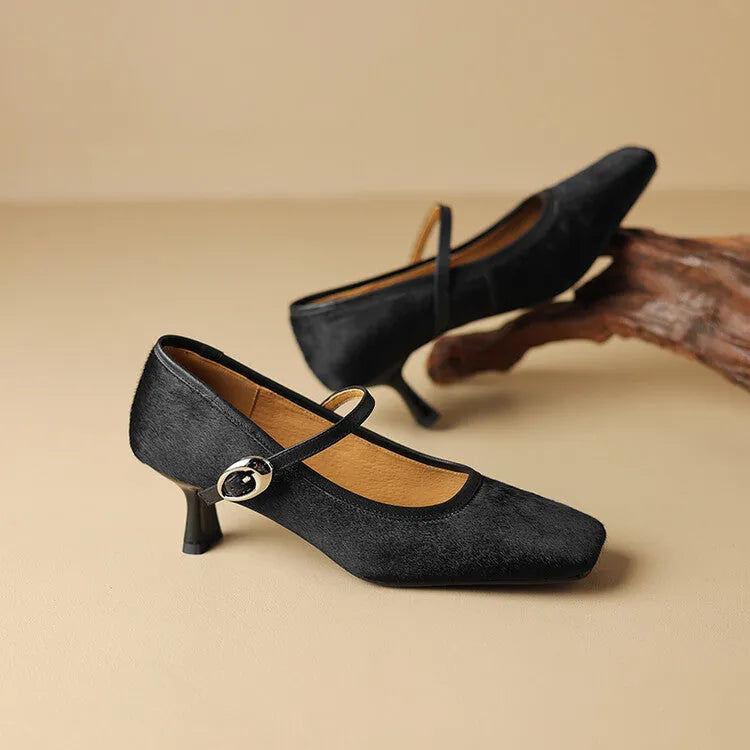 Women's black square toe stiletto ankle-strap shoes with horse hair upper and buckle fastening