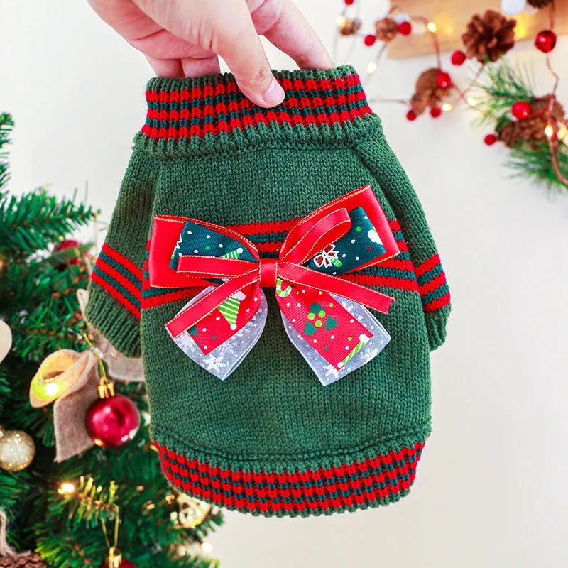 Dog wearing red Christmas jumper with weight-based sizing guide for festive pet clothing