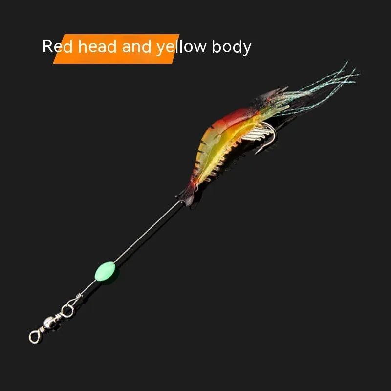 Pack of six soft fishing lures with hooks in various colours including luminous pink and black head yellow body.