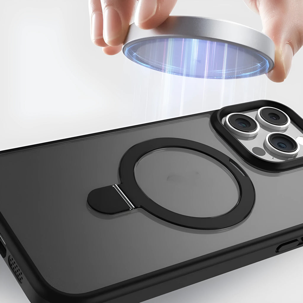 Magnetic frosted phone case for iPhone with built-in kickstand and lens protection, available in black