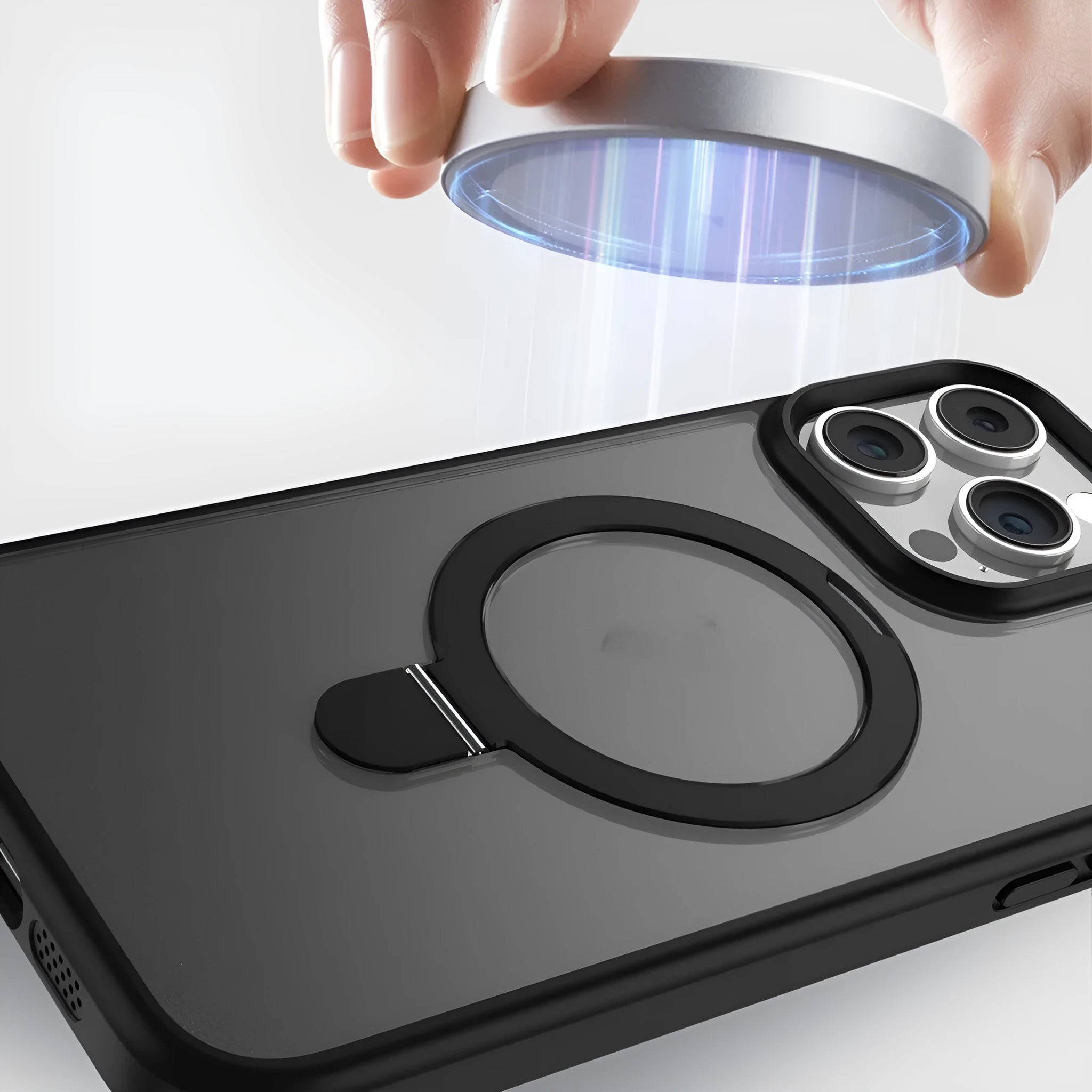 Magnetic frosted phone case for iPhone with built-in kickstand and lens protection, available in black