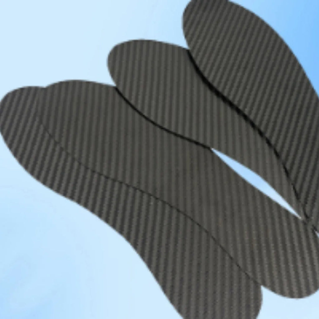 Black carbon fiber running shoe insoles showing full palm design and textured surface