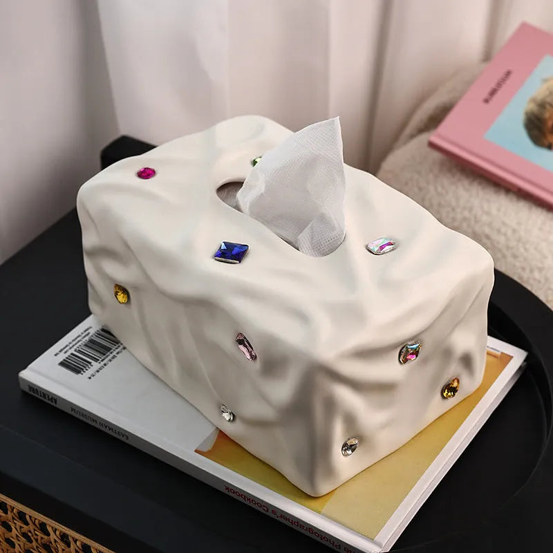 Ceramic tissue box with gem party decoration in matte coconut milk white colour
