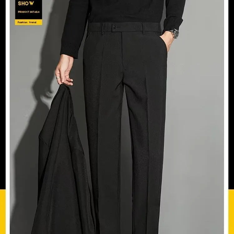 Men's straight-leg ankle-length suit trousers in chemical fibre blend fabric shown in multiple colour options