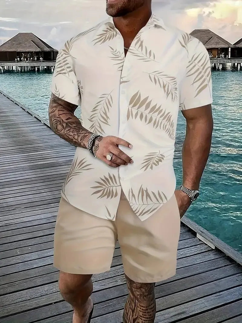 Men's Hawaii 3D printed short sleeve suit with matching shorts in polyester fabric