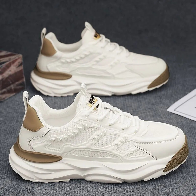 Men's solid colour PU mesh casual trainers in black or white on a white background.