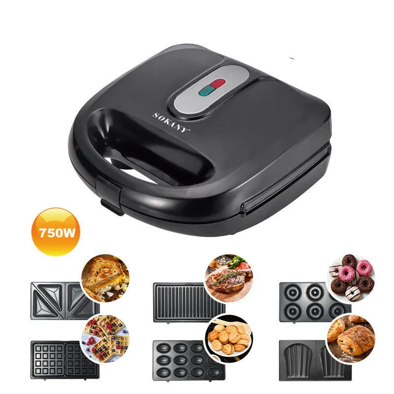 Black double-sided electric sandwich pan with stainless steel lid on a kitchen counter