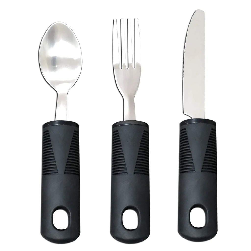 Stainless steel adaptive cutlery with rubber anti-shake grips and bendable handles
