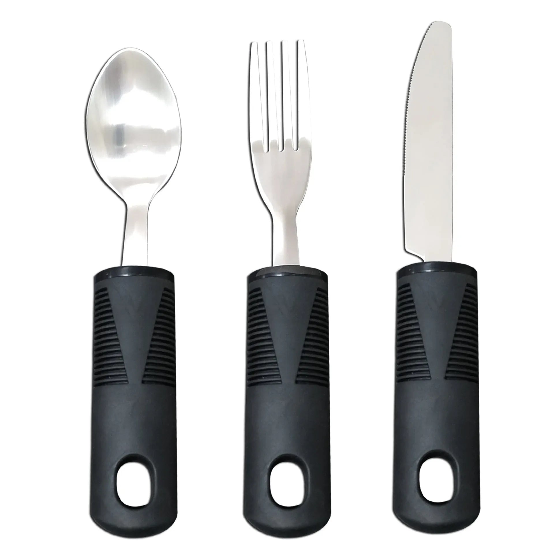 Stainless steel adaptive cutlery with rubber anti-shake grips and bendable handles