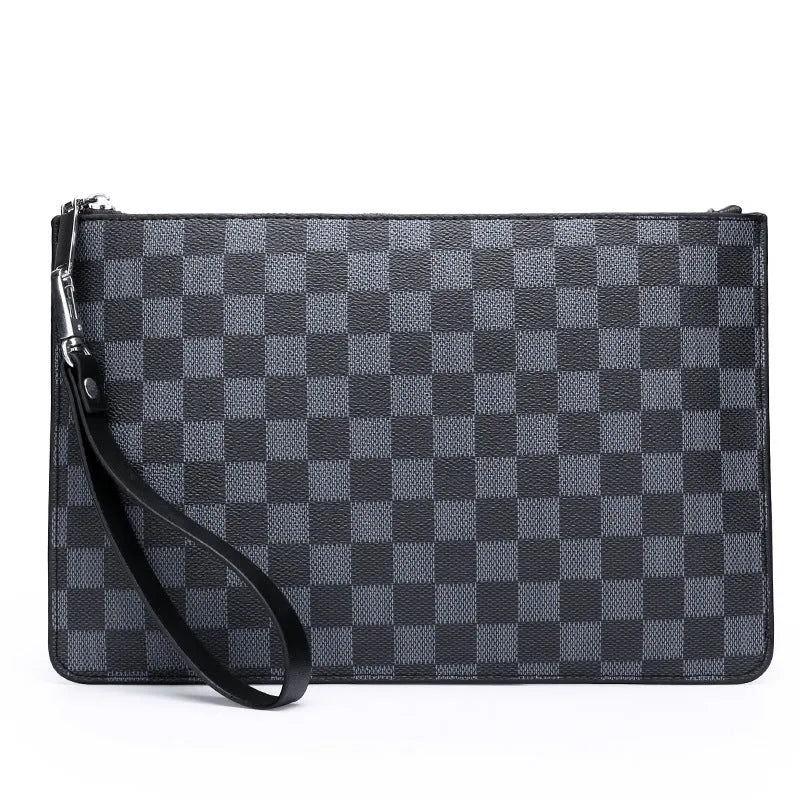 Men's black and brown PU leather clutch wallet with card slots, shown in plaid and smooth finish styles