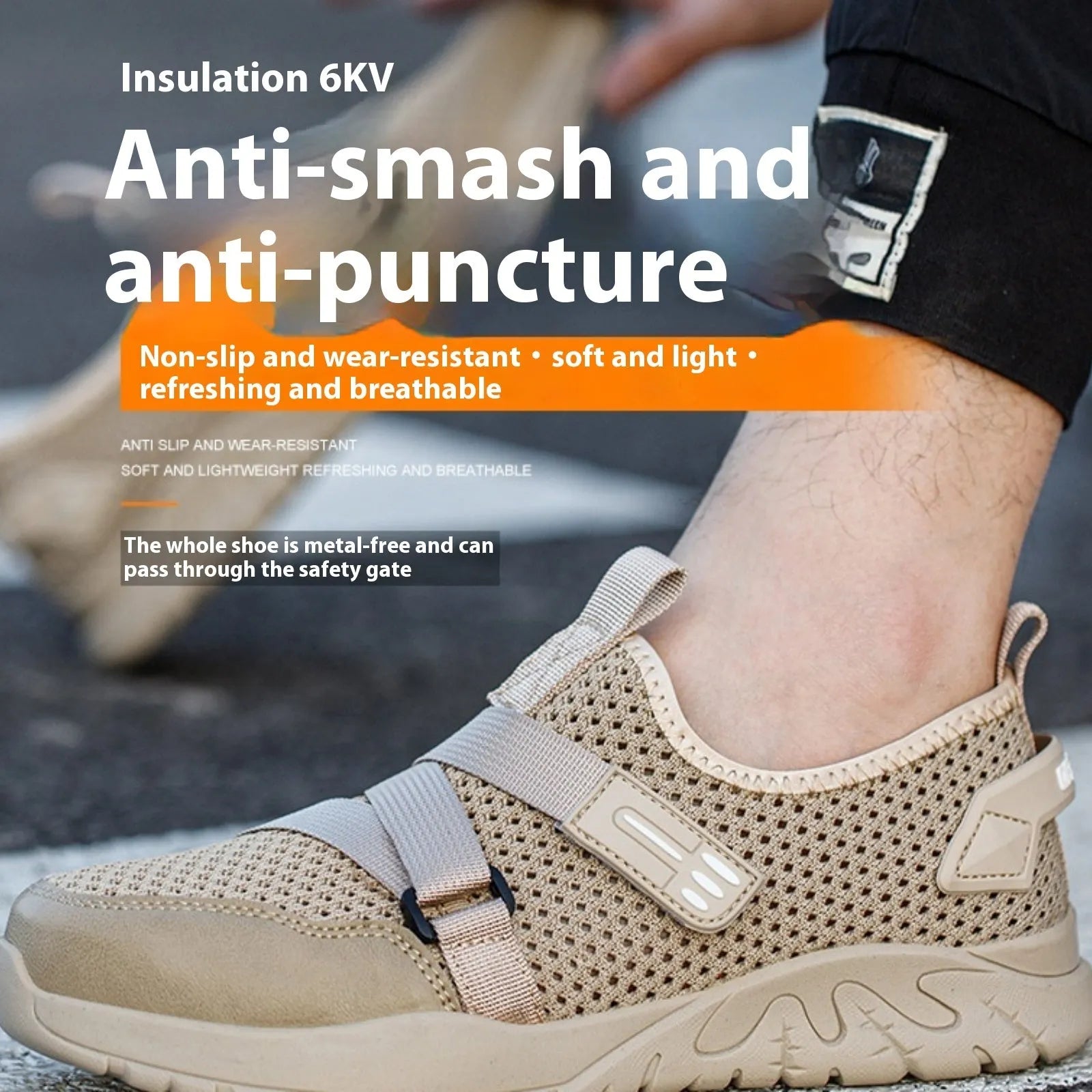 Men's grey insulation safety shoes with flying woven upper and rubber sole for work protection