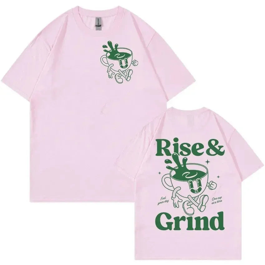 Men's loose fit linen blend T-shirt with green coffee cartoon print, shown in black.