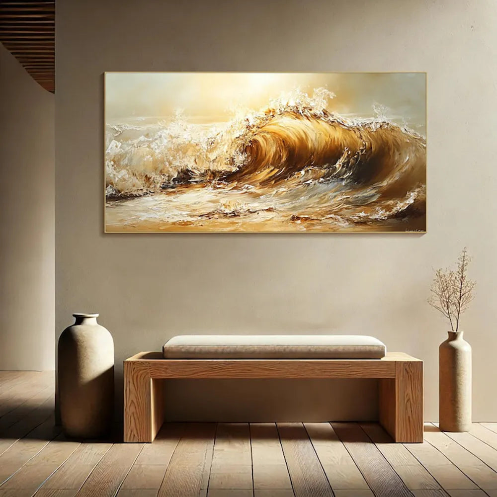 Handmade oil painting canvas abstract yellow waves landscape modern home decor framed