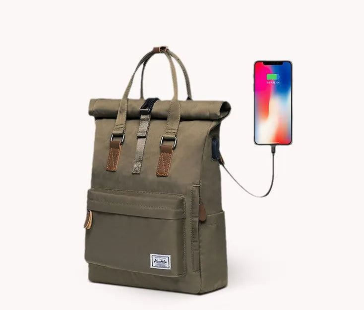 Polyester casual backpack in black, showing cover flap opening and breathable back panel.