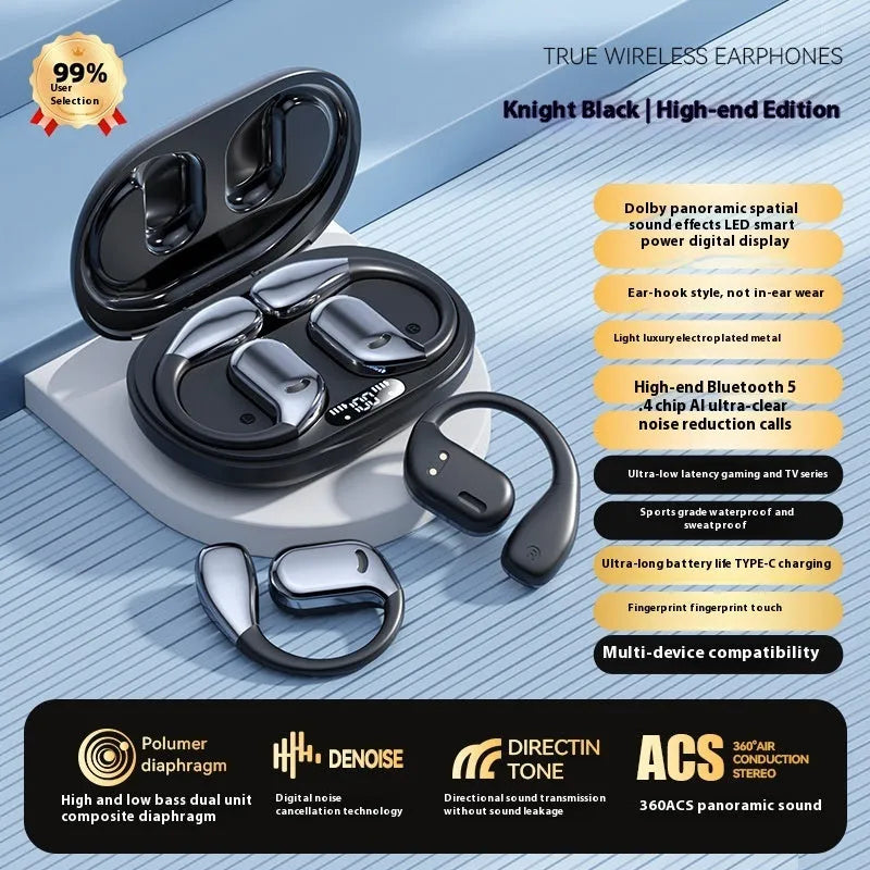 Noise reduction sports ear hook headphones in black with Type-C charging port and ear hook design