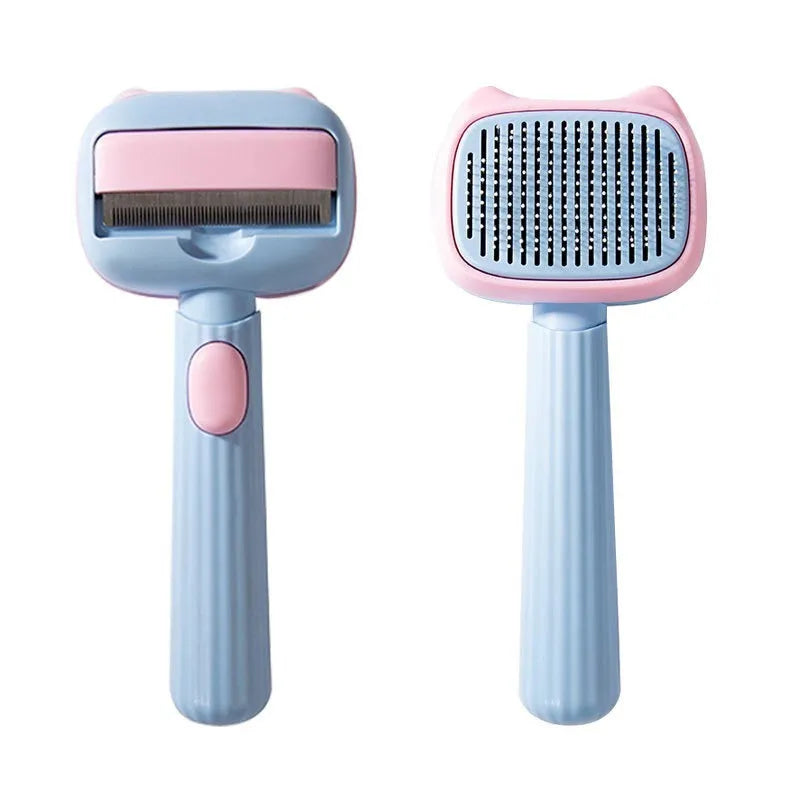 Blue double-sided pet grooming brush with deshedding rake and dematting comb