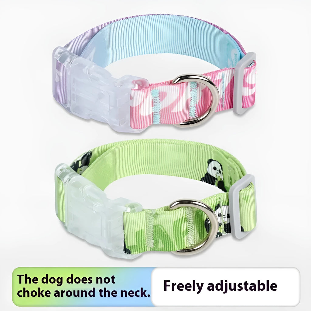 Adjustable nylon dog collar with cartoon gradient printing in Panda Green colour option