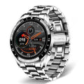 Stainless steel smart watch with black band and 1.3-inch touch screen display