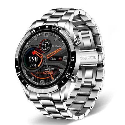 Stainless steel smart watch with black band and 1.3-inch touch screen display