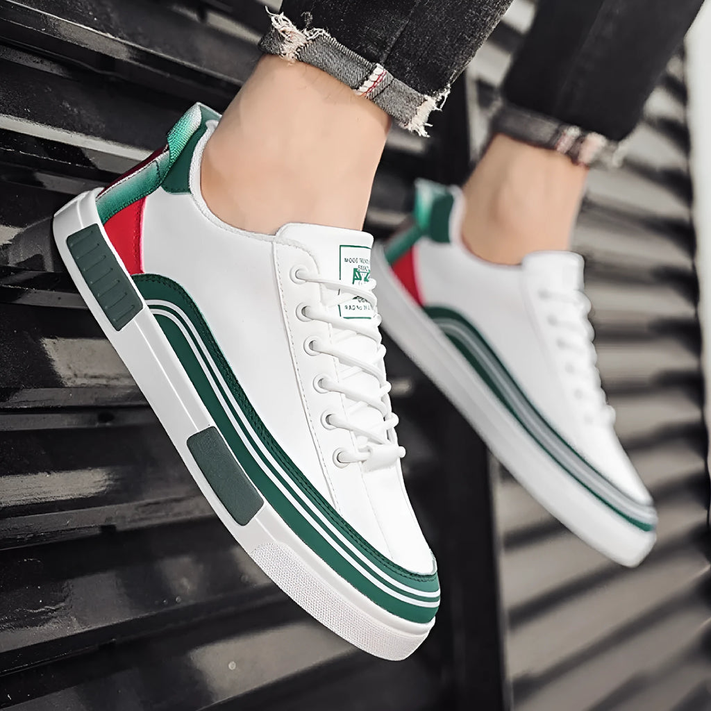 Men's white and green canvas casual shoes with mesh ventilation panels and flat heel