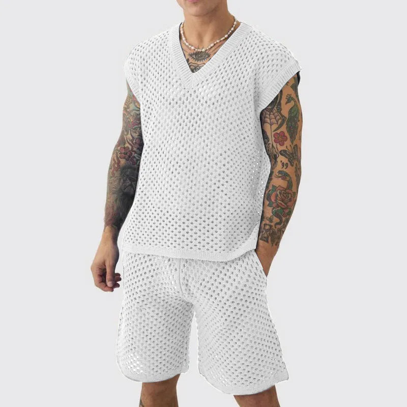 Men's blue V-neck knitted vest and shorts sports set for summer