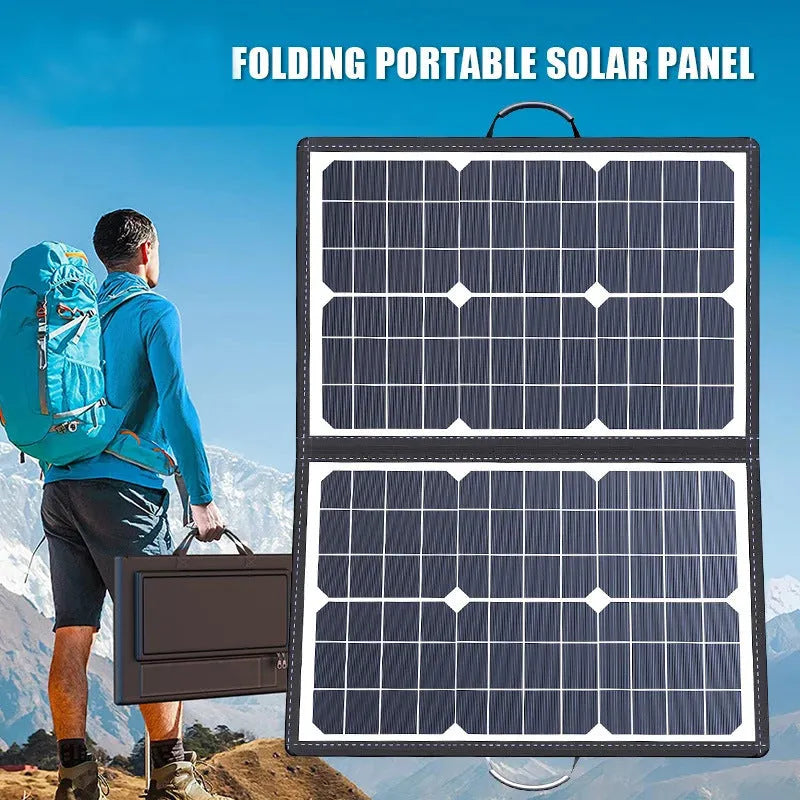 Black 40W monocrystalline solar panel folded inside its portable bag.