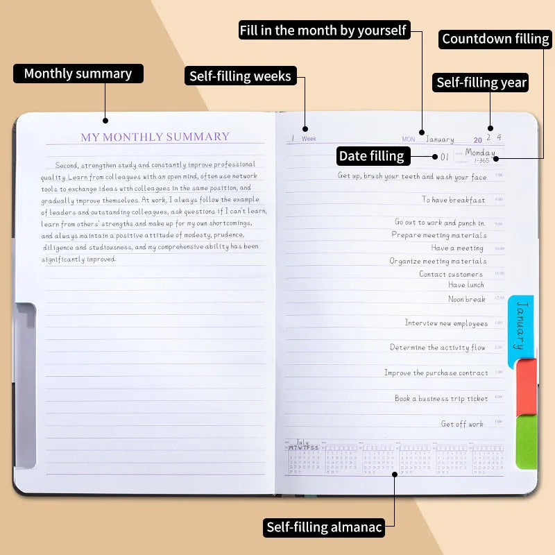 A6 self-filled notebook with PU cover in various colours, shown open on wooden table.