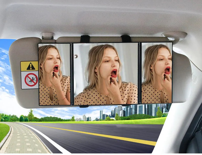 Silver car folding makeup mirror shown open and closed, demonstrating its size change.